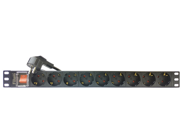 Блок розеток 19", 9 розеток Filum FL-PDU19-9SCH-PS-2MEU CEE 7/3 (Schuko), 16A, с выключателем, кабель 2 м с вилкой CEE 7/7