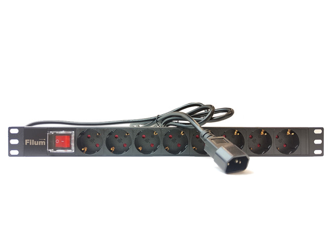 Блок розеток 19", 8 розеток Filum FL-PDU19-8SCH-PS-2MC14 CEE 7/3 (Schuko), 10A, с выключателем, кабель 2 м с вилкой C14 Блок розеток 19", 8 розеток Filum FL-PDU19-8SCH-PS-2MC14 CEE 7/3 (Schuko), 10A, с выключателем, кабель 2 м с вилкой C14