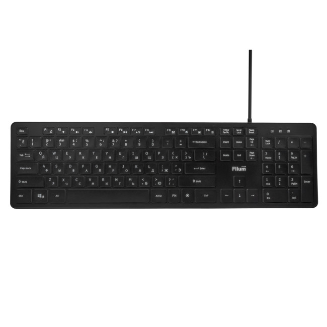 Клавиатура Filum FL-KB25-BK USB 104 кл., проводная, низкопрофильная, мембранная, LED, черная, с подсветкой 3 уровня, Windows XP/Vista/7/8/10, MacOS Клавиатура Filum FL-KB25-BK USB 104 кл., проводная, низкопрофильная, мембранная, LED, черная, с подсветкой 3 уровня, Windows XP/Vista/7/8/10, MacOS